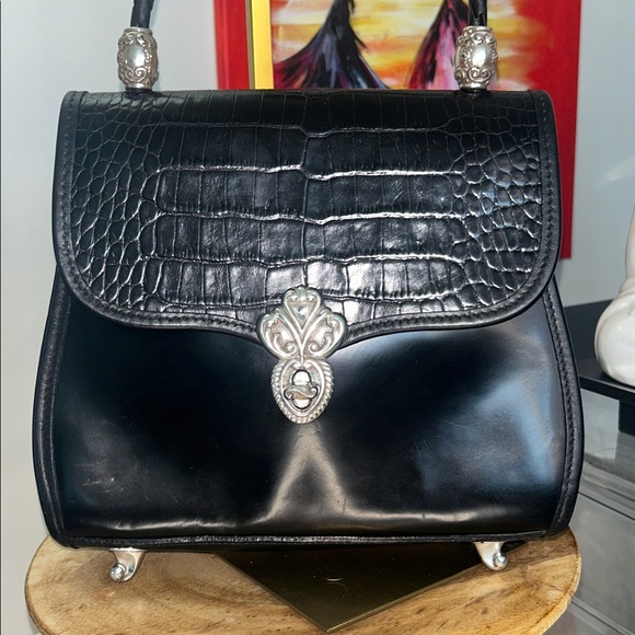 Brighton Ana Maria Black Patent Leather Croc-Embossed Crossbody 9”x 7.75” EUC - Picture 1 of 8